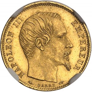 Second Empire / Napoléon III (1852-1870). 5 francs tête nue petit module, tranche lisse 1854, A, Paris.