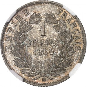 Second Empire / Napoléon III (1852-1870). 1 franc tête nue 1860, BB, Strasbourg.