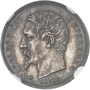 Second Empire / Napoléon III (1852-1870). Essai uniface d’avers de 50 centimes tête nue en bronze-argenté ND (1855), Paris.