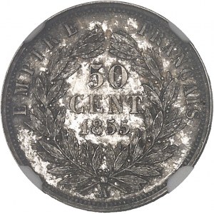 Second Empire / Napoléon III (1852-1870). Essai uniface de revers de 50 centimes tête nue en bronze-argenté 1855, A, Paris.