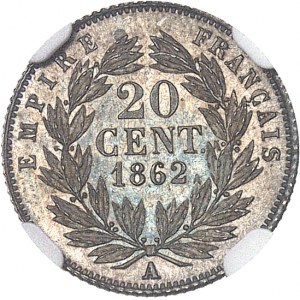 Second Empire / Napoléon III (1852-1870). 20 centimes tête nue, Flan bruni (PROOF) 1862, A, Paris.