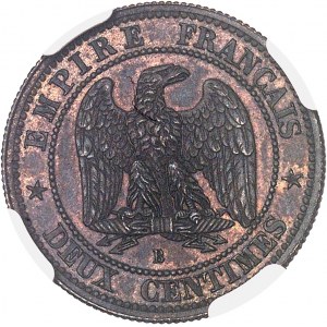 Second Empire / Napoléon III (1852-1870). Piéfort de deux centimes tête nue, tranche cannelée 1857, B, Rouen.