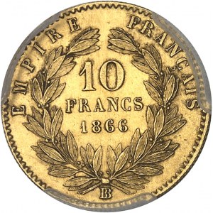 Second Empire / Napoléon III (1852-1870). 10 francs tête laurée, grand BB 1866, BB, Strasbourg.