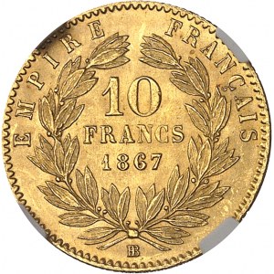 Second Empire / Napoléon III (1852-1870). 10 francs tête laurée 1867, BB, Strasbourg.