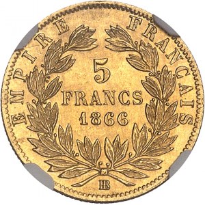 Second Empire / Napoléon III (1852-1870). 5 francs tête laurée 1866, BB, Strasbourg.