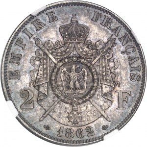 Second Empire / Napoléon III (1852-1870). Essai de 2 francs tête laurée, au double différent ancre, Flan bruni (PROOF) 1862, E, Paris.