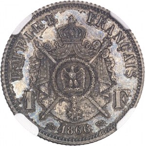 Second Empire / Napoléon III (1852-1870). Essai de 1 franc tête laurée, tranche cannelée, Flan bruni (PROOF) 1866, E, Paris.