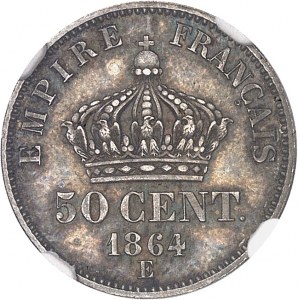 Second Empire / Napoléon III (1852-1870). Essai uniface de revers de 50 centimes tête laurée en bronze-argenté 1864, E, Paris.