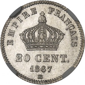 Second Empire / Napoléon III (1852-1870). 20 centimes, tête laurée 1867, BB, Strasbourg.