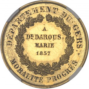 Second Empire / Napoléon III (1852-1870). Médaille d’Or, prix de moralité et progrès du concours départemental du Gers, par H. de Longueil 1857, Paris.