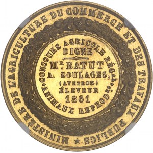 Second Empire / Napoléon III (1852-1870). Médaille d’Or, Concours agricole régional d’animaux reproducteurs, par Caqué, aspect Flan bruni (PROOFLIKE) 1861, Paris.