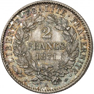Gouvernement de Défense Nationale (1870-1871). 2 francs Cérès avec légende, petit A 1871, A, Paris.