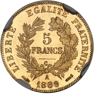 IIIe République (1870-1940). 5 francs Cérès, Flan bruni (PROOF) 1889, A, Paris.