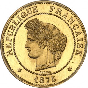 IIIe République (1870-1940). Épreuve en Or de 5 centimes Cérès, Flan bruni (PROOF) 1875, A, Paris.