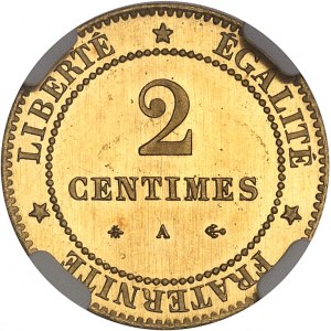 IIIe République (1870-1940). Épreuve en Or de 2 centimes Cérès, Flan bruni (PROOF) 1877, A, Paris.