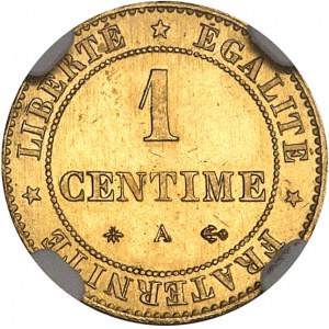 IIIe République (1870-1940). Épreuve en Or de 1 centime Cérès, Flan bruni (PROOF) 1875, A, Paris.