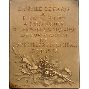 IIIe République (1870-1940). Plaque en Or, Henri Alpy, 25e anniversaire de son mandat de conseiller municipal, par G.-H. Prud’homme 1915, Paris.