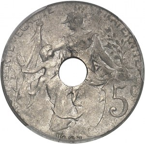 IIIe République (1870-1940). Épreuve de 5 centimes Daniel-Dupuis, perforée, flan court en nickel 1907, Paris.