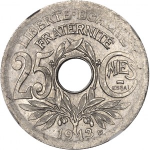 IIIe République (1870-1940). Essai de frappe de 25 centimes Lindauer, grand module 1913, Paris.