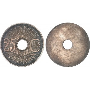 IIIe République (1870-1940). Paire d’épreuves unifaces, avers et revers, de 25 centimes Lindauer, en bronze-argenté, frappes spéciales (SP) 1914, Paris.