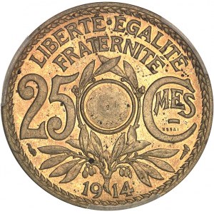 IIIe République (1870-1940). Essai de 25 centimes Lindauer, grand module, non perforé, en bronze-aluminium 1914, Paris.