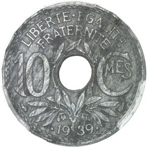 IIIe République (1870-1940). Épreuve de 10 centimes Lindauer, date avec points, double revers 1939, Paris.