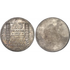 IIIe République (1870-1940). Paire d’essais unifaces de 20 francs Turin, avers et revers 1929, Paris.