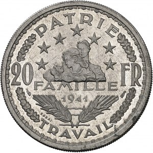 État Français (1940-1944). Essai-piéfort de 20 francs Pétain, en aluminium, par G. Simon 1941, Paris.