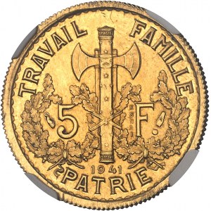 État Français (1940-1944). Essai de 5 francs Pétain, 1er type, frappe en Or 1941, Paris.