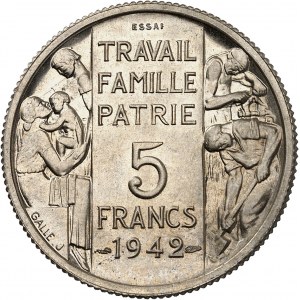 État Français (1940-1944). Essai de 5 francs Pétain grand module, par Bazor et Galle 1942, Paris.