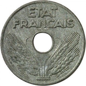 État Français (1940-1944). Essai de frappe, double avers, de VINGT ou de 20 centimes ETAT FRANÇAIS ND (1941), Paris.