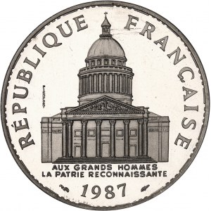 Ve République (1958 à nos jours). Piéfort de 100 francs Panthéon en platine, Flan bruni (PROOF) 1987, Pessac.