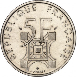 Ve République (1958 à nos jours). Présérie de 5 francs Tour Eiffel, centenaire de l’Exposition universelle de 1889, sans ESSAI, les listels larges et coin non poli 1989, Pessac.