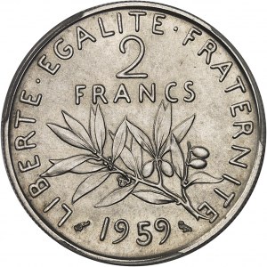 Ve République (1958 à nos jours). Essai de 2 francs Semeuse, Frappe spéciale (SP) 1959, Paris.