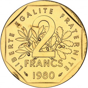 Ve République (1958 à nos jours). Piéfort de 2 francs Semeuse en Or, Frappe spéciale (SP) 1980, Pessac.