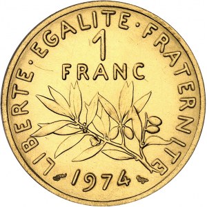 Ve République (1958 à nos jours). Piéfort de 1 franc Semeuse en Or, Frappe spéciale (SP) 1974, Paris.