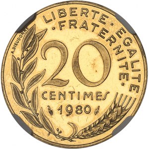 Ve République (1958 à nos jours). Piéfort de 20 centimes Marianne, Flan bruni (PROOF) 1980, Pessac.