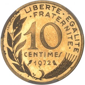 Ve République (1958 à nos jours). Piéfort de 10 centimes Marianne, Frappe spéciale (SP) 1972, Paris.