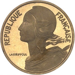 Ve République (1958 à nos jours). Piéfort de 5 centimes Marianne, Frappe spéciale (SP) 1972, Paris.