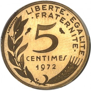 Ve République (1958 à nos jours). Piéfort de 5 centimes Marianne, Frappe spéciale (SP) 1972, Paris.