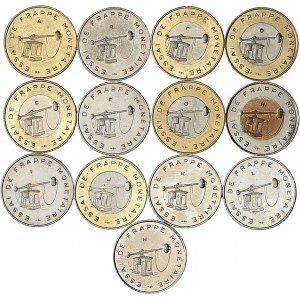 Ve République (1958 à nos jours). Série de 13 épreuves d’alliage pour pièces de 1 euro, poinçonnés de A à M ND (1992-1997), Pessac.
