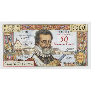 Ve République (1958 à nos jours). Billet de 50 Nouveaux Francs surchargé sur 5000 Francs Henri IV 5 mars 1959.