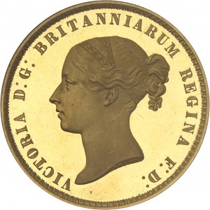 Victoria (1837-1901). 5 livres (5 pounds) “Una and the lion”, bandeau à 5 rouleaux et 9 feuilles, Flan bruni (PROOF) 1839, Londres.