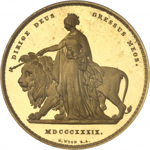 Victoria (1837-1901). 5 livres (5 pounds) “Una and the lion”, bandeau à 5 rouleaux et 9 feuilles, Flan bruni (PROOF) 1839, Londres.
