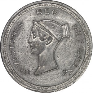 Victoria (1837-1901). Essai de la couronne (crown) par Bonomi, en métal blanc, coins non terminés et tranche lisse 1837 [1893], Londres (Pinches).