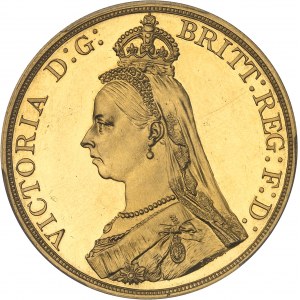Victoria (1837-1901). 5 livres (5 pounds), jubilé de la Reine, sans signature au revers, Flan bruni (PROOF) 1887, Londres.