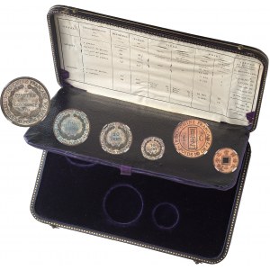 IIIe République (1870-1940). Coffret d’origine, monnaies de l’Indo-Chine française (1 piastre, 50 centièmes, 20 centièmes, 10 centièmes, 1/100e de piastre, 1 sapèque), Flan bruni (PROOF) 1889, A, Paris.