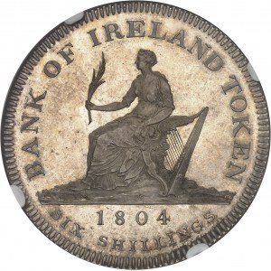 Georges III (1760-1820). Six shillings token, Banque d’Irlande, Flan bruni (PROOF) 1804, Soho.