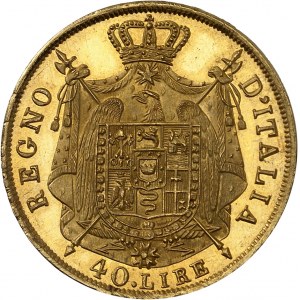 Milan, royaume d’Italie, Napoléon Ier (1805-1814). Épreuve de 40 lire, 2e type, tranche en creux, Flan bruni (PROOF) 1814 (1814-1816), M, Milan.