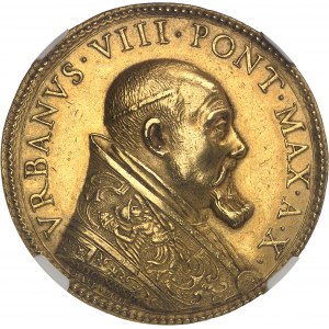 Vatican, Urbain VIII (1623-1644). Médaille d’Or, le baldaquin de la basilique Saint-Pierre de Rome avec les colonnes salomoniques du Bernin, par Gaspare Mola 1633 - An X, Rome.